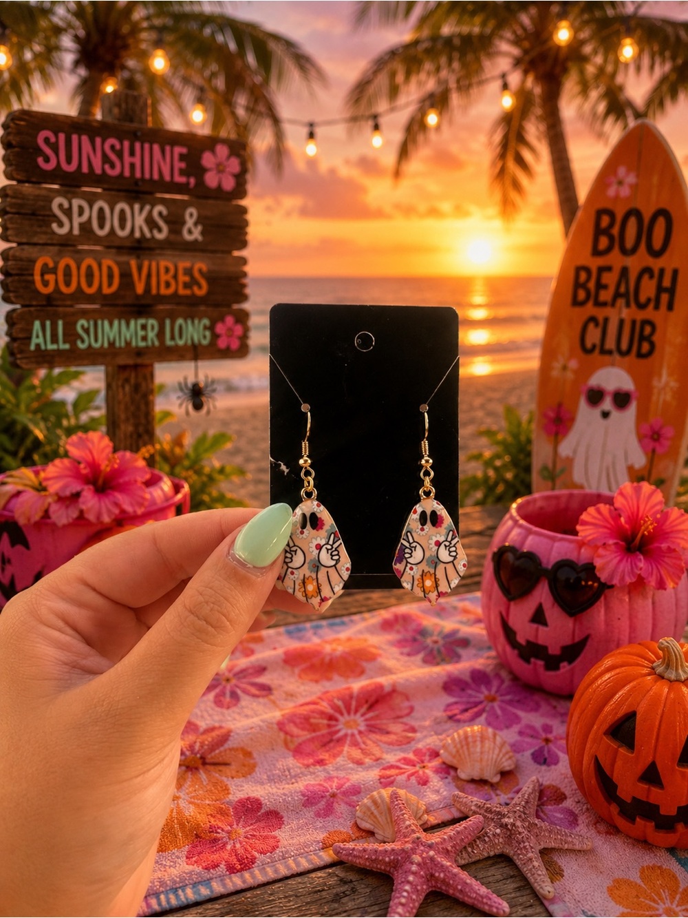 Handmade Halloween Floral Teardrop Earrings - Pastel Pink & Orange